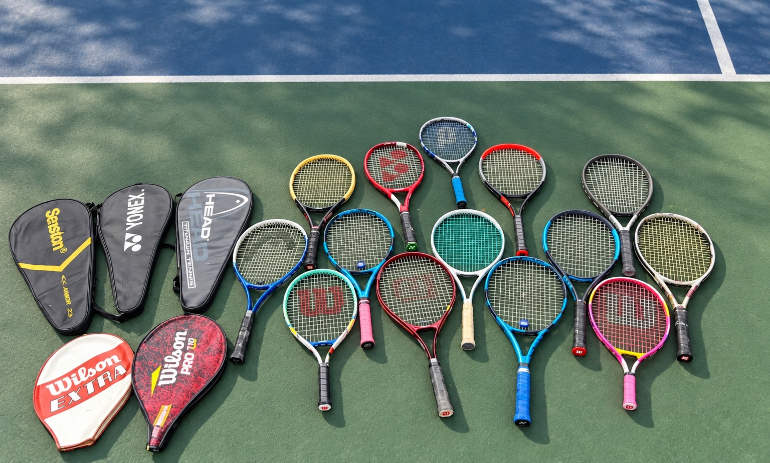 Collected tennis rackets and racket covers arranged on a court